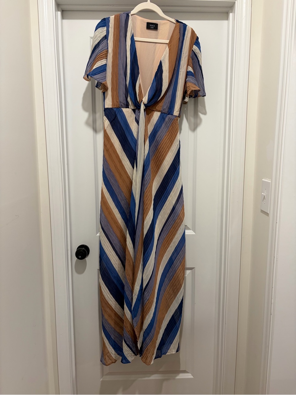 VICI Blue Cream Brown Striped V-Neck Wide-Leg Jumpsuit